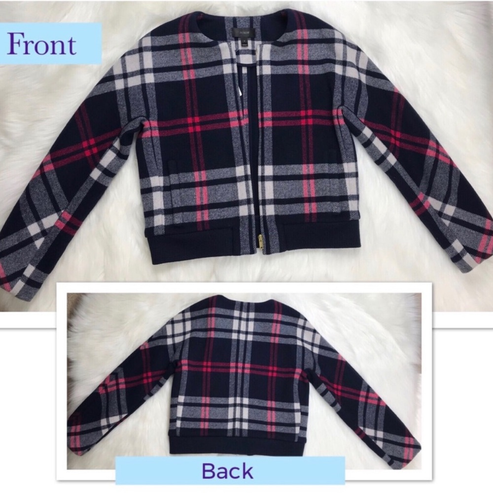J. Crew Navy Plaid Wool Bomber Jacket with Pink Accents - Picture 3 of 9